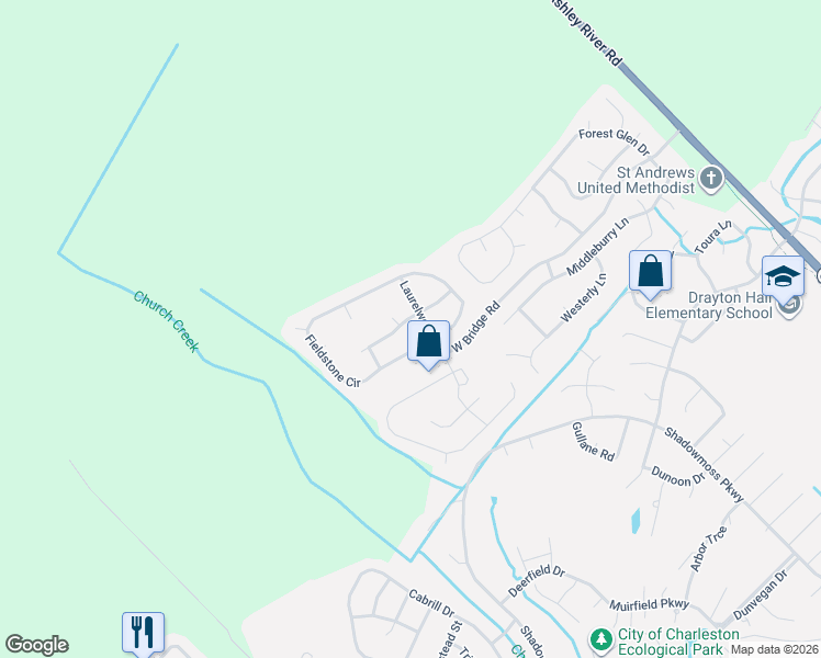 map of restaurants, bars, coffee shops, grocery stores, and more near 4005 Alpheretta Court in Charleston