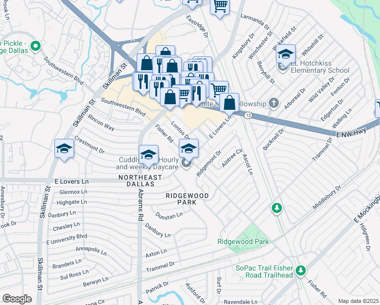 map of restaurants, bars, coffee shops, grocery stores, and more near 6509 East Lovers Lane in Dallas