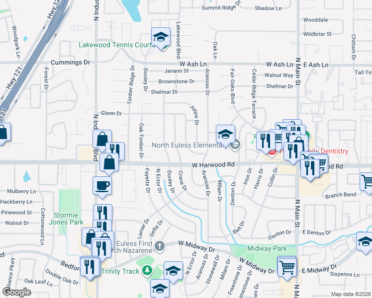 map of restaurants, bars, coffee shops, grocery stores, and more near 1115 Glenn Drive in Euless