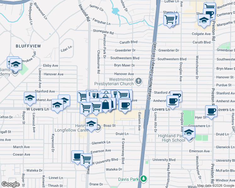 map of restaurants, bars, coffee shops, grocery stores, and more near 5534 Stanford Avenue in Dallas