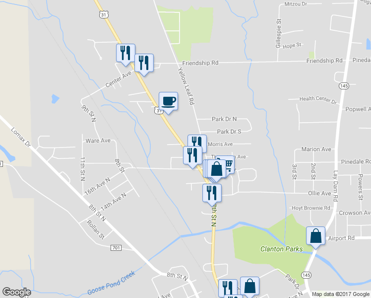 map of restaurants, bars, coffee shops, grocery stores, and more near 1710 7th Street North in Clanton