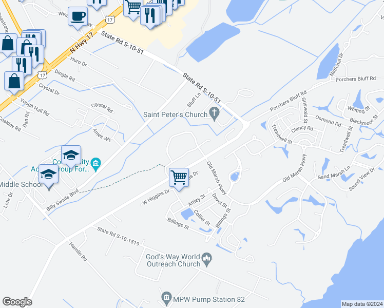 map of restaurants, bars, coffee shops, grocery stores, and more near 2912 Woodland Park Drive in Mount Pleasant
