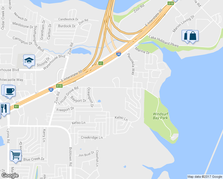 map of restaurants, bars, coffee shops, grocery stores, and more near 5118 Locust Grove Road in Garland