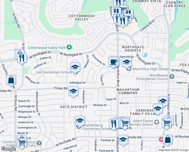 map of restaurants, bars, coffee shops, grocery stores, and more near 3518 West Bangor Court in Irving
