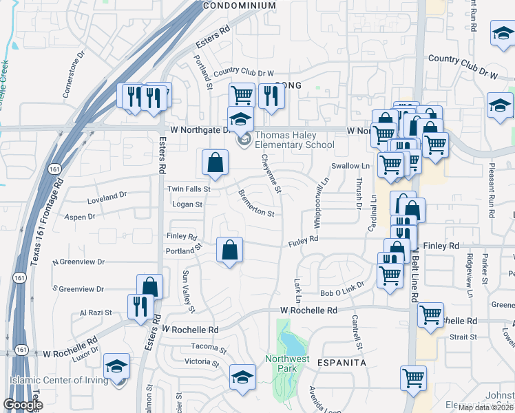 map of restaurants, bars, coffee shops, grocery stores, and more near 3825 Bremerton Street in Irving