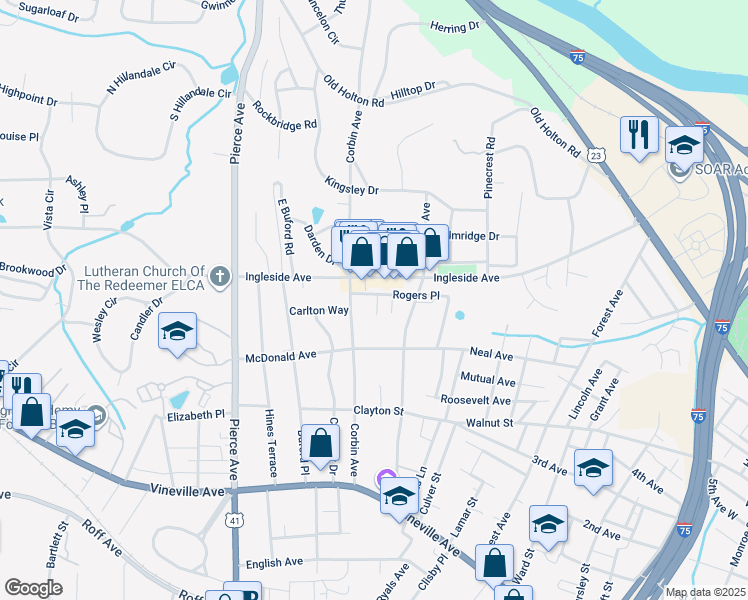 map of restaurants, bars, coffee shops, grocery stores, and more near 364 Leah Place in Macon