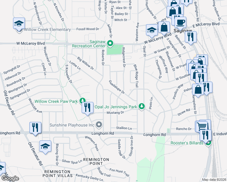 map of restaurants, bars, coffee shops, grocery stores, and more near 700 Sierra Blanca Drive in Saginaw