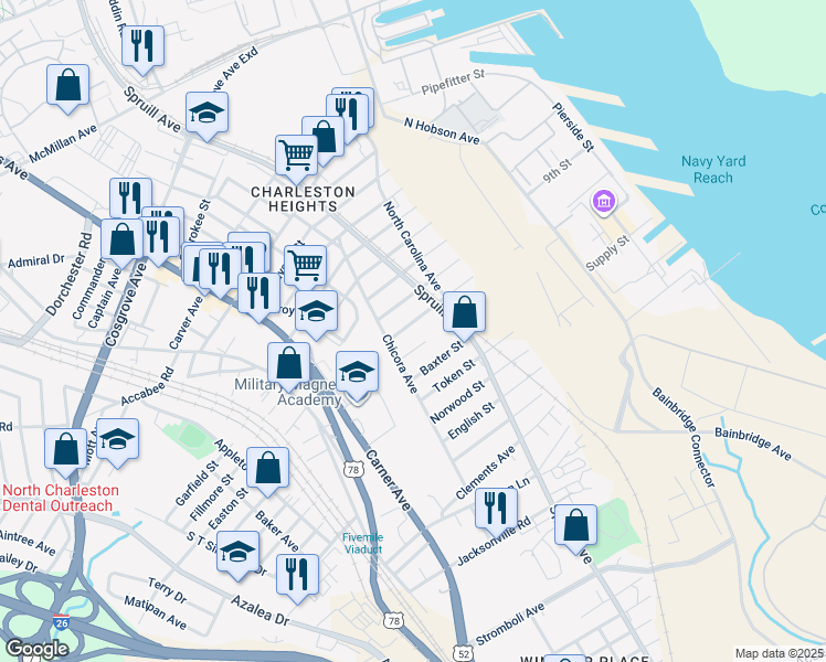 map of restaurants, bars, coffee shops, grocery stores, and more near 1919 Iris Street in North Charleston