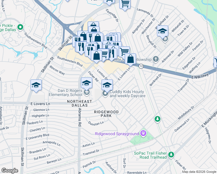 map of restaurants, bars, coffee shops, grocery stores, and more near 6509 East Lovers Lane in Dallas