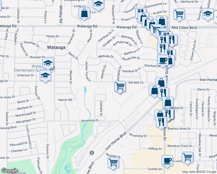 map of restaurants, bars, coffee shops, grocery stores, and more near 6301 Browning Court in North Richland Hills