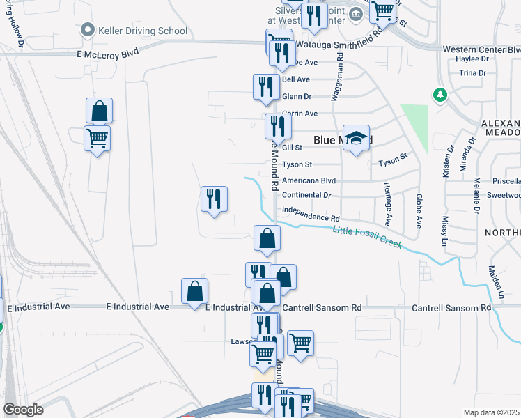 map of restaurants, bars, coffee shops, grocery stores, and more near 700 South Blue Mound Road in Saginaw