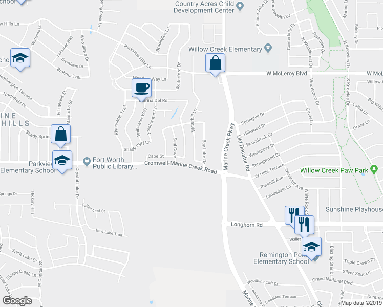 map of restaurants, bars, coffee shops, grocery stores, and more near 6337 Waterhill Lane in Fort Worth