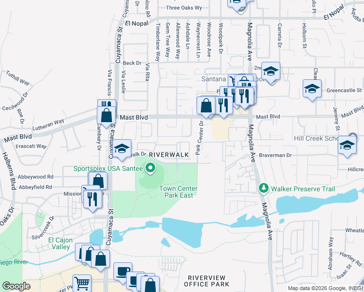 map of restaurants, bars, coffee shops, grocery stores, and more near 10154 Canopy Park Lane in Santee