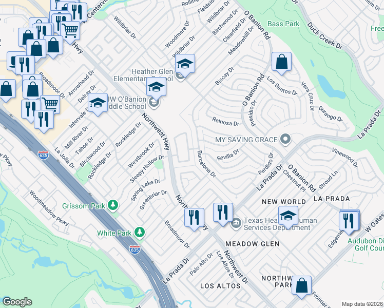 map of restaurants, bars, coffee shops, grocery stores, and more near 5205 Barcelona Drive in Garland