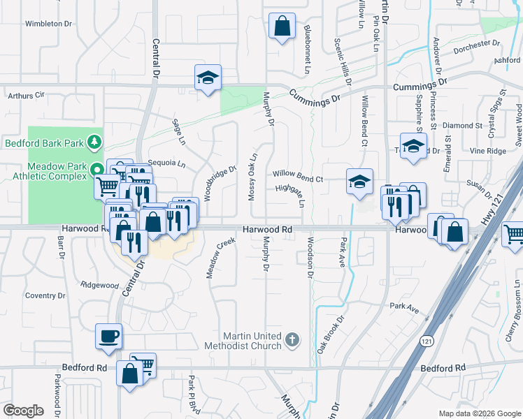 map of restaurants, bars, coffee shops, grocery stores, and more near 2913 Murphy Drive in Bedford