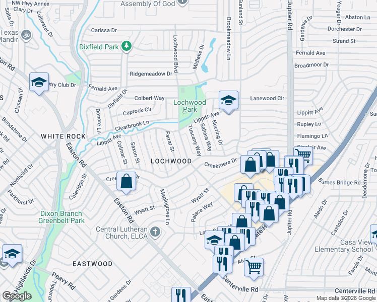 map of restaurants, bars, coffee shops, grocery stores, and more near 11622 Lochwood Boulevard in Dallas
