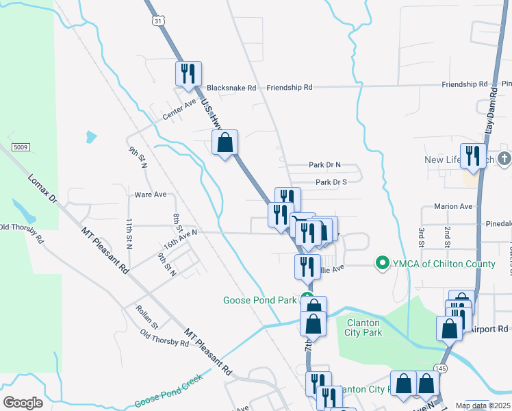 map of restaurants, bars, coffee shops, grocery stores, and more near 703 Hand Street in Clanton