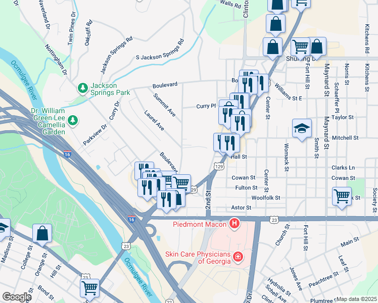 map of restaurants, bars, coffee shops, grocery stores, and more near 813 North Garden Terrace in Macon