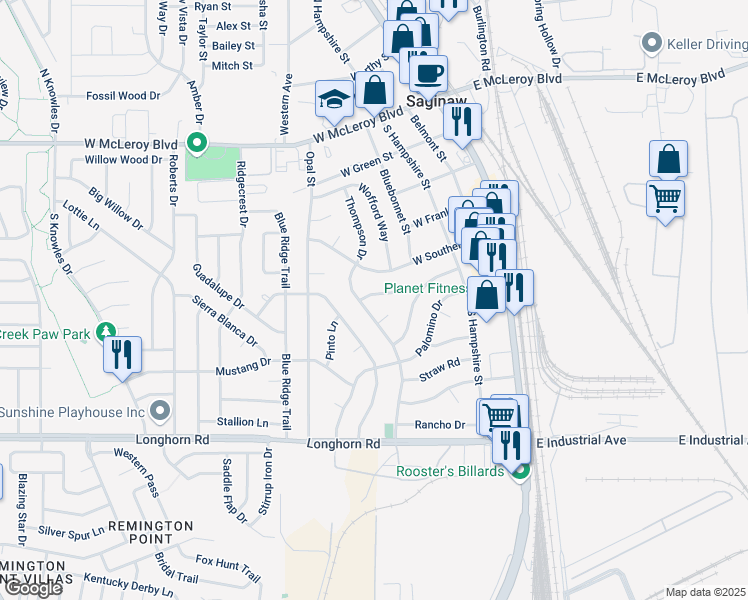 map of restaurants, bars, coffee shops, grocery stores, and more near 337 Saddle Trail in Saginaw