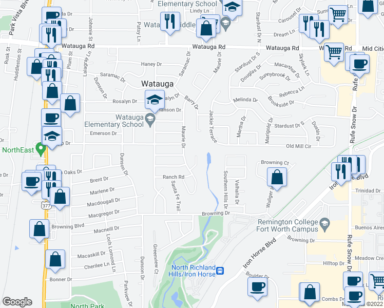 map of restaurants, bars, coffee shops, grocery stores, and more near 6121 Maurie Court in Haltom City
