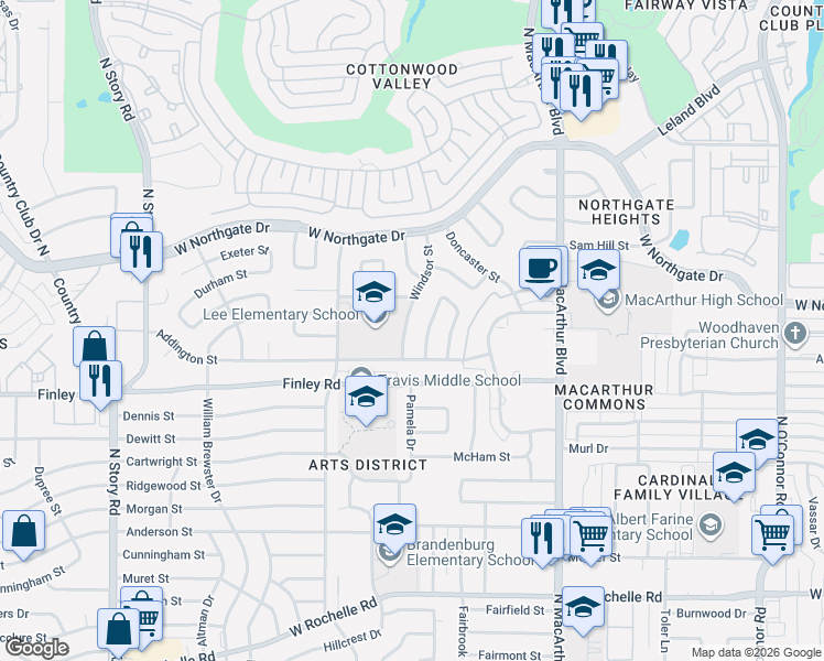 map of restaurants, bars, coffee shops, grocery stores, and more near 3515 East Bangor Court in Irving
