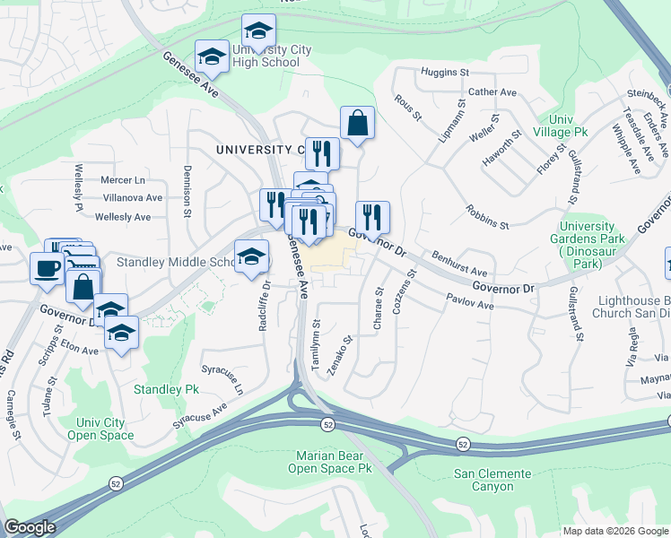 map of restaurants, bars, coffee shops, grocery stores, and more near 6204 Agee Street in San Diego