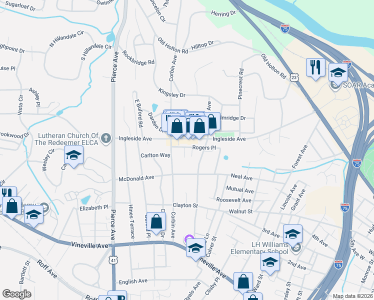 map of restaurants, bars, coffee shops, grocery stores, and more near 364 Leah Place in Macon