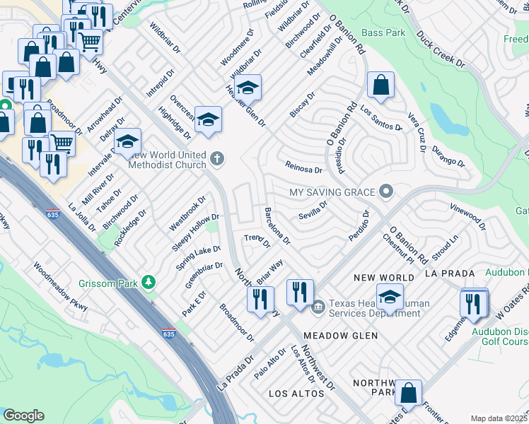 map of restaurants, bars, coffee shops, grocery stores, and more near 5205 Barcelona Drive in Garland