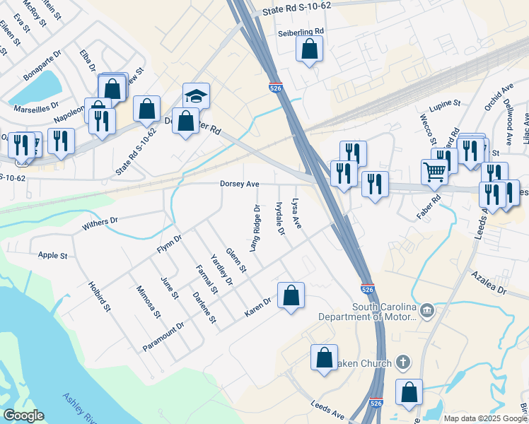 map of restaurants, bars, coffee shops, grocery stores, and more near 4762 Lang Ridge Drive in North Charleston