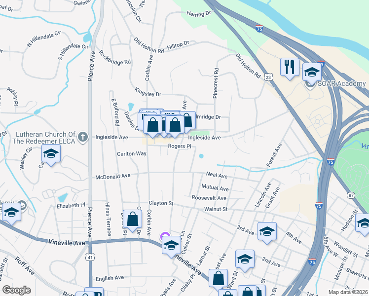 map of restaurants, bars, coffee shops, grocery stores, and more near 2266 Ingleside Avenue in Macon