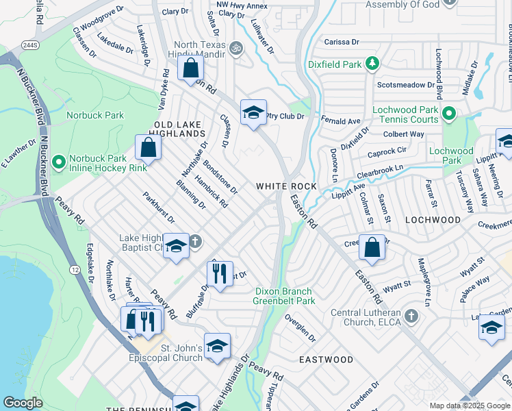 map of restaurants, bars, coffee shops, grocery stores, and more near 623 Bondstone Drive in Dallas
