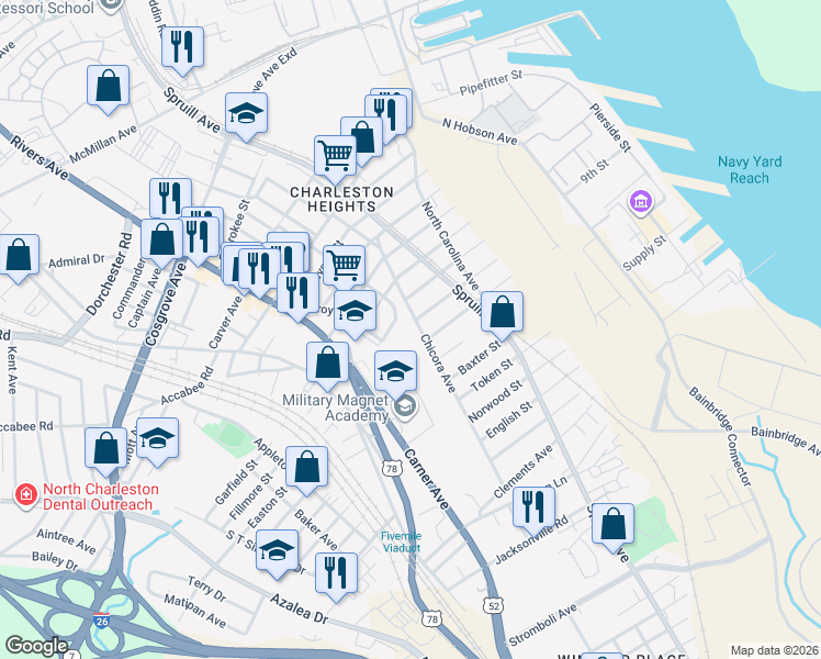 map of restaurants, bars, coffee shops, grocery stores, and more near 3047 Chicora Avenue in North Charleston