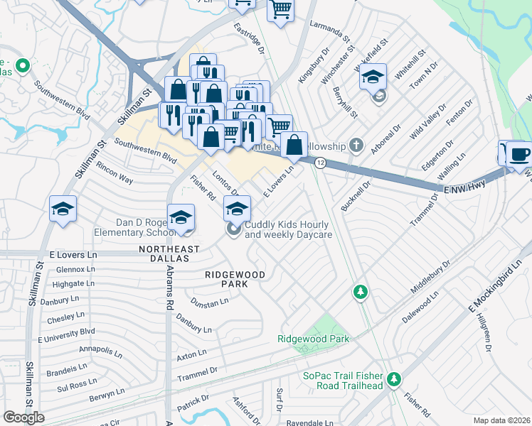 map of restaurants, bars, coffee shops, grocery stores, and more near 6514 Arborist Lane in Dallas