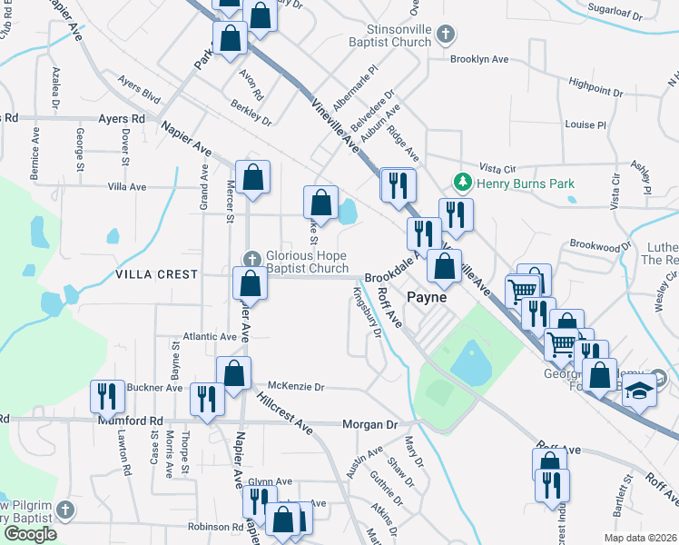 map of restaurants, bars, coffee shops, grocery stores, and more near 3565 Brookdale Avenue in Macon
