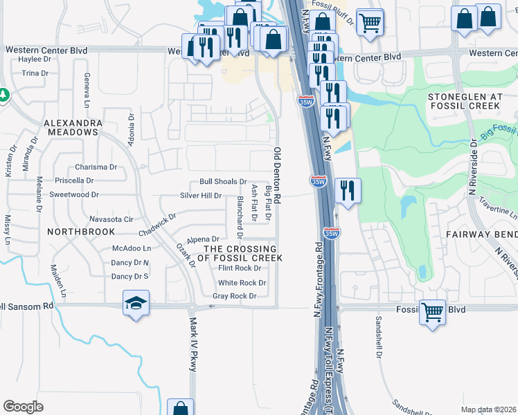 map of restaurants, bars, coffee shops, grocery stores, and more near 5920 Ash Flat Drive in Fort Worth