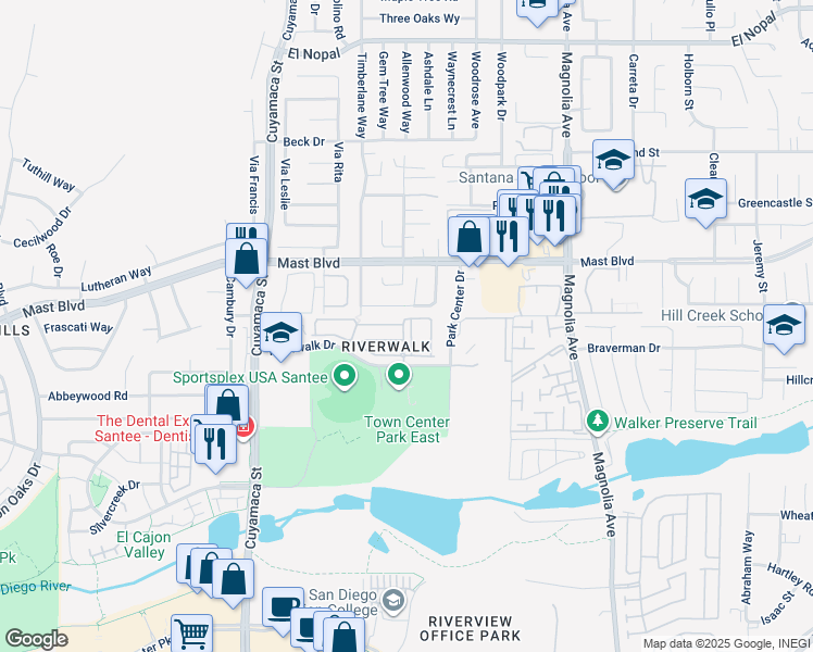 map of restaurants, bars, coffee shops, grocery stores, and more near 10154 Canopy Park Lane in Santee