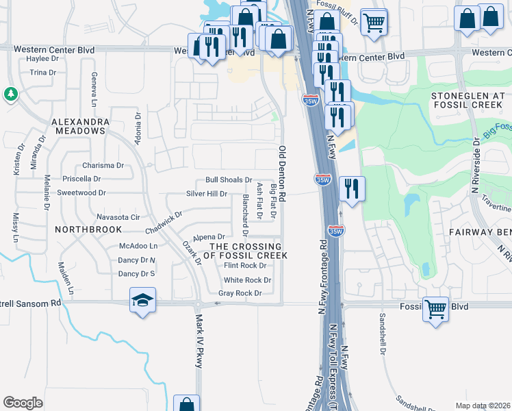 map of restaurants, bars, coffee shops, grocery stores, and more near 5920 Ash Flat Drive in Fort Worth