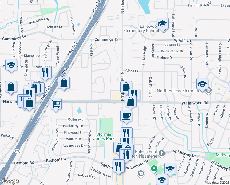 map of restaurants, bars, coffee shops, grocery stores, and more near 3216 Rustic Meadows Drive in Bedford