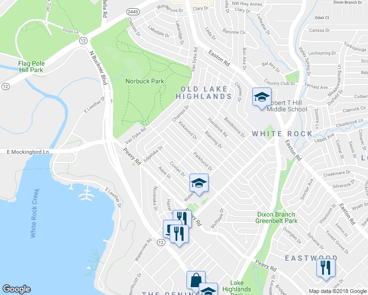 map of restaurants, bars, coffee shops, grocery stores, and more near 455 Parkhurst Drive in Dallas