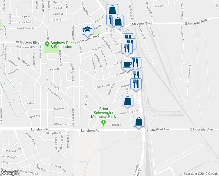 map of restaurants, bars, coffee shops, grocery stores, and more near 236 Pimlico Way in Saginaw