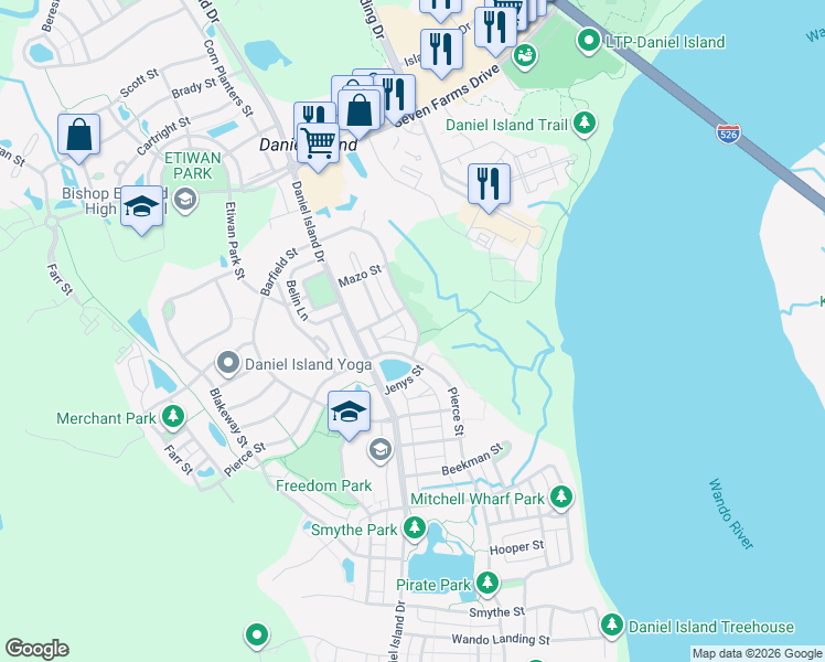 map of restaurants, bars, coffee shops, grocery stores, and more near 1182 Barfield Street in Charleston