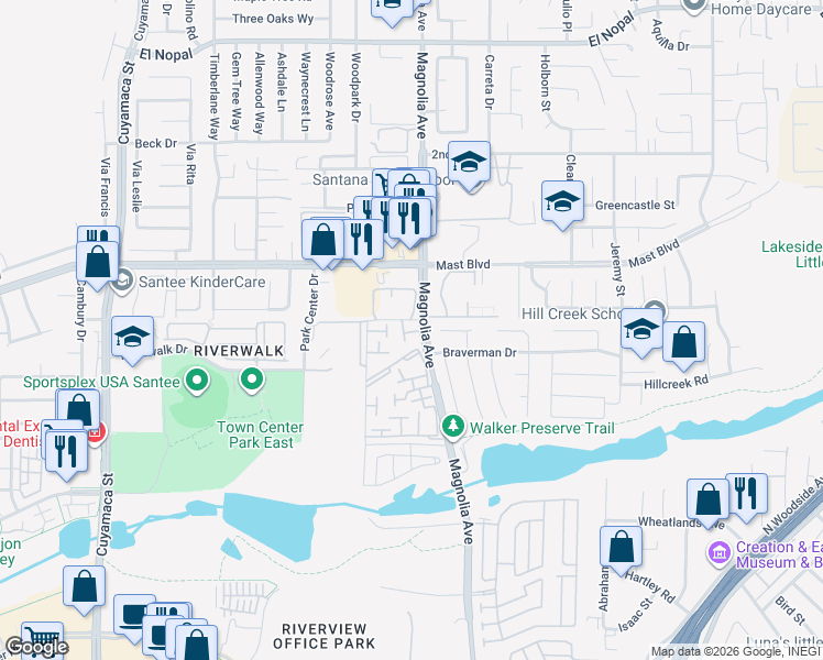 map of restaurants, bars, coffee shops, grocery stores, and more near 10388 Seth Way in Santee