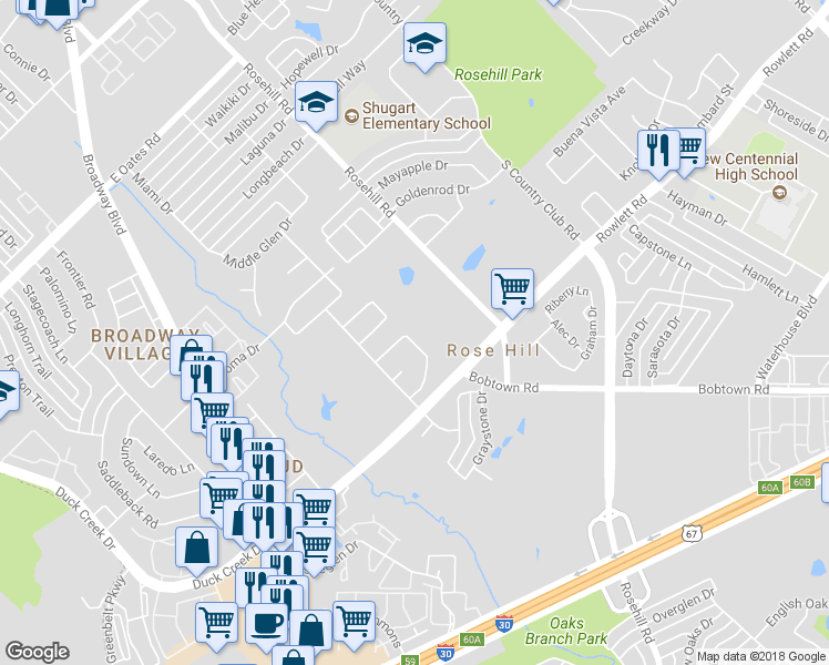 map of restaurants, bars, coffee shops, grocery stores, and more near 930 Meadowdale Circle in Garland