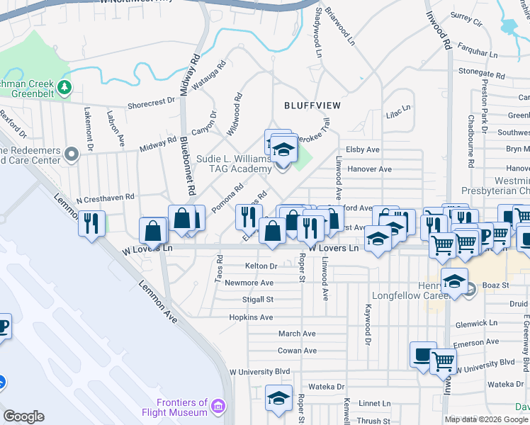 map of restaurants, bars, coffee shops, grocery stores, and more near 4563 Elsby Avenue in Dallas