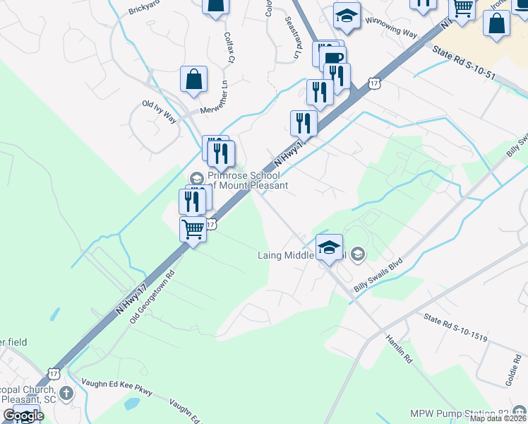map of restaurants, bars, coffee shops, grocery stores, and more near 2631 North Highway 17 in Mount Pleasant