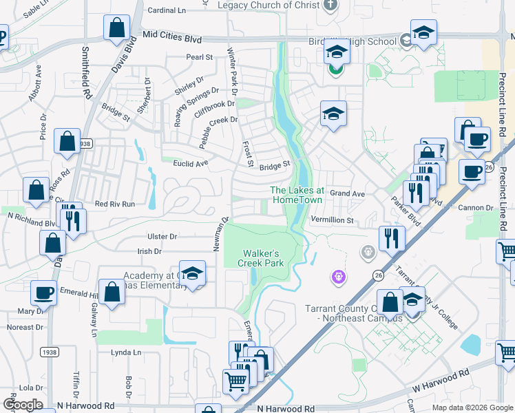 map of restaurants, bars, coffee shops, grocery stores, and more near 5809 Arbor Road in North Richland Hills