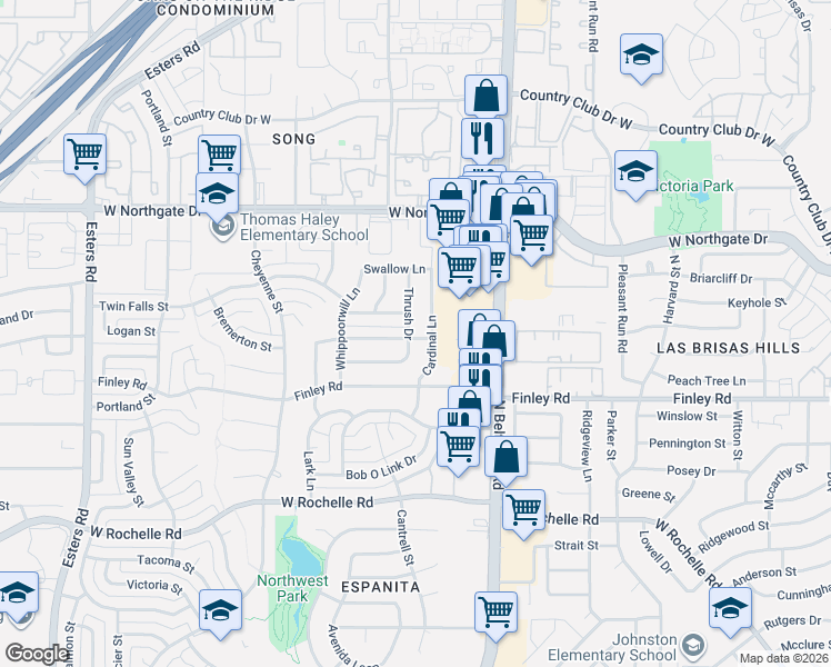 map of restaurants, bars, coffee shops, grocery stores, and more near 3601 Flamingo Lane in Irving