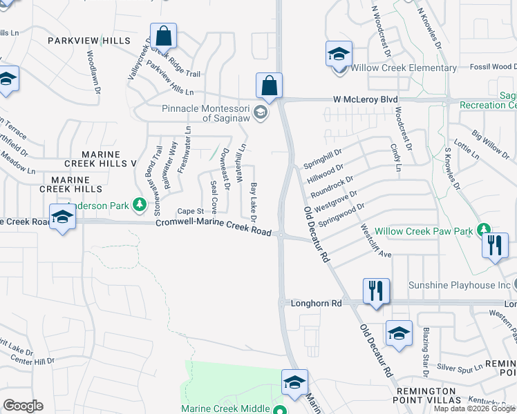 map of restaurants, bars, coffee shops, grocery stores, and more near 6328 Bay Lake Drive in Fort Worth
