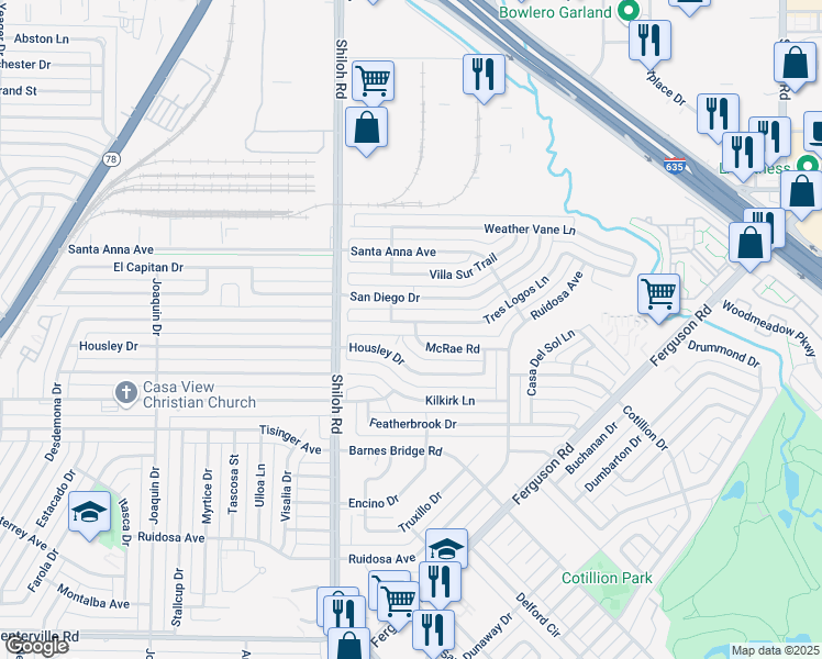 map of restaurants, bars, coffee shops, grocery stores, and more near 2954 Tres Logos Lane in Dallas