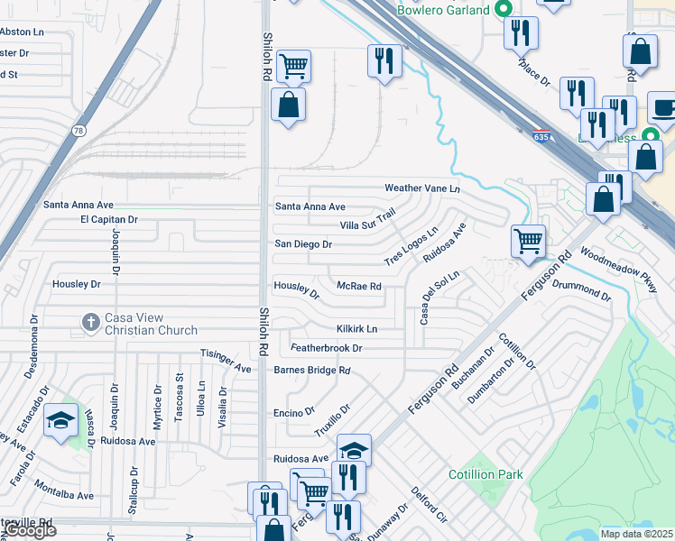 map of restaurants, bars, coffee shops, grocery stores, and more near 2954 Tres Logos Lane in Dallas